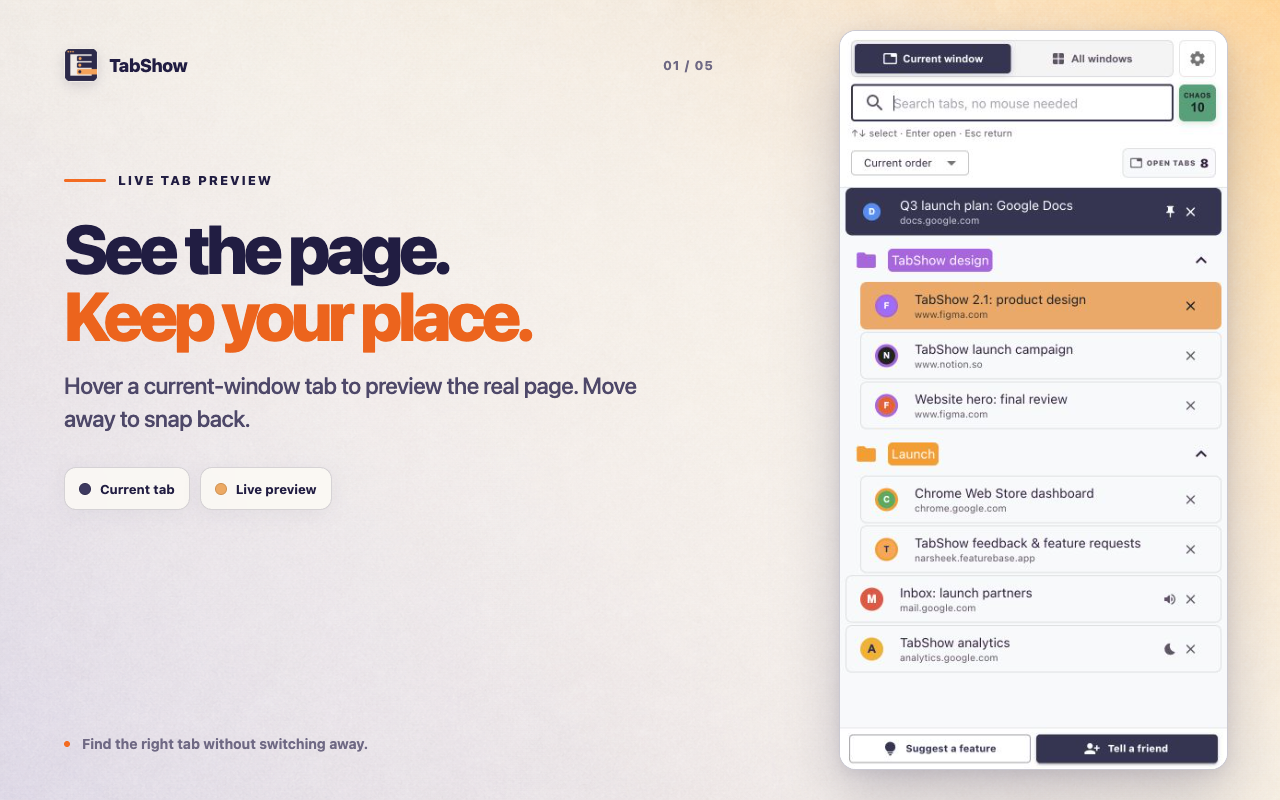 TabShow 2.1 side panel with a live current-window tab preview highlighted in amber