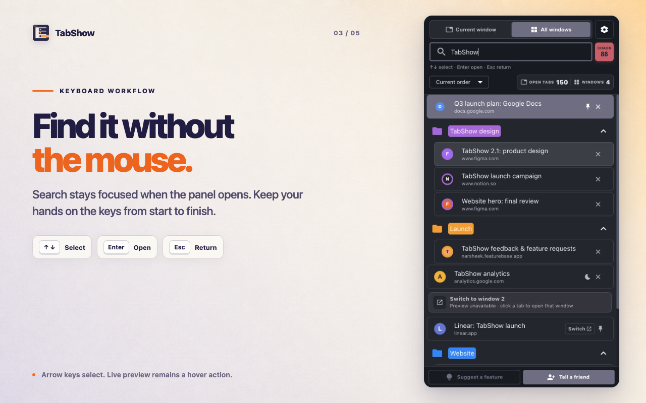 TabShow 2.1 keyboard workflow using Arrow keys to select a tab and Enter to open it